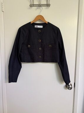 Zara Denim Blue Cropped Jacket with Gold-Ring Buttons Size Medium